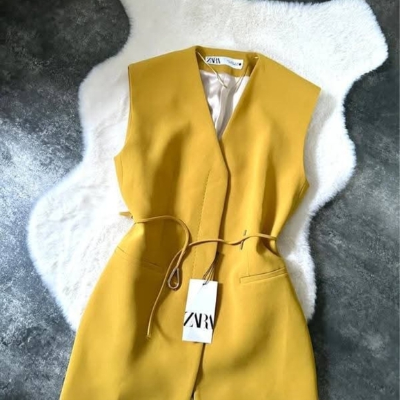 Zara Jackets & Blazers - Zara Sleeveless V-Neck Mustard Dress with Waist Tie